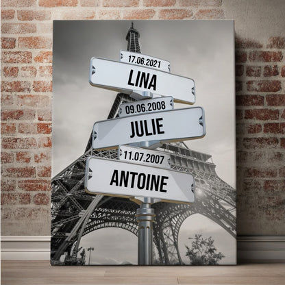 "Toile Personnalisée Tour Eiffel – Gravez Vos Prénoms dans la Ville Lumière"